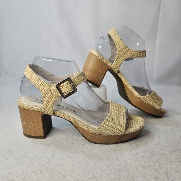 ANN KLEIN Raftan Sandals Sz 8 "Peony" Beige Block Stacked Heel Ankle Strap - Picture 2 of 5